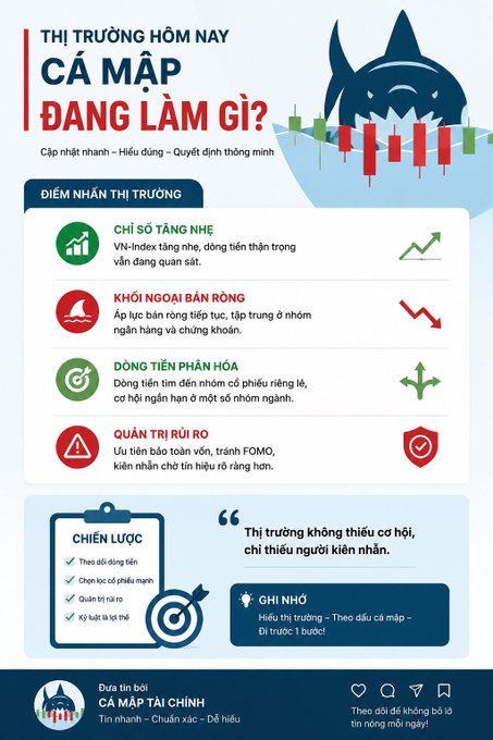 A Vietnamese financial market infographic titled 'THỊ TRƯỜNG HÓM NAY CÁ MẬP ĐANG LÀM GÌ?' featuring a shark and stock chart, highlighting market signals like 'CHỈ SỐ TĂNG NHẸ', 'KHỐI NGOẠI BÁN RÒNG', and 'DÒNG TIỀN PHÂN HÓA'.
