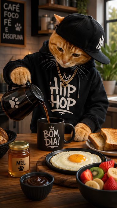 A cat wearing a black 'HIP HOP' hoodie and a Yankees cap pours coffee into a 'BOM DIA!' mug, surrounded by breakfast items including a fried egg, fruit, and honey.