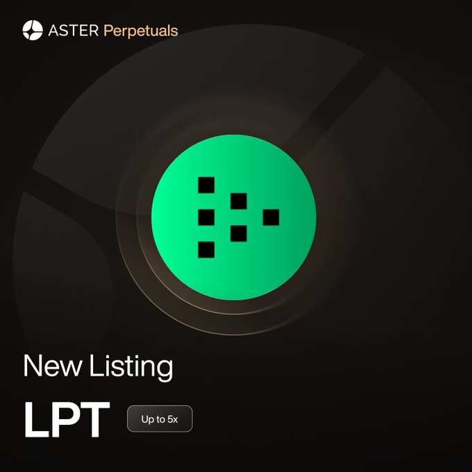 ASTER Perpetuals announcement for a new listing of LPT (Livepeer) with up to 5x leverage, featuring a green circular logo.