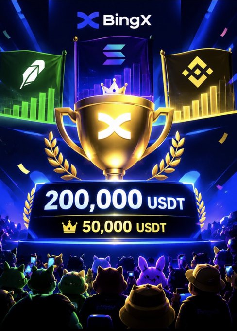 A promotional graphic for BingX featuring a large gold trophy and prize amounts of 200,000 USDT and 50,000 USDT, with Solana and Binance flags in the background.