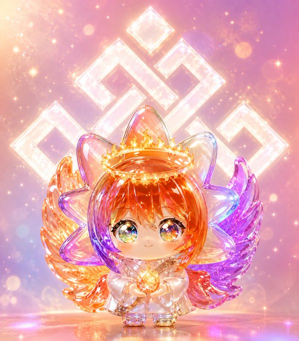 A digital illustration of an anime-style angelic figure with crystal wings and a flaming crown against a glowing geometric pattern.
