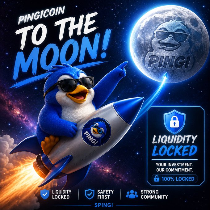 A 'PINGICOIN' promotional image featuring a penguin mascot in sunglasses riding a rocket to the moon, with badges indicating 'Liquidity Locked 100%', 'Safety First', and 'Strong Community'.