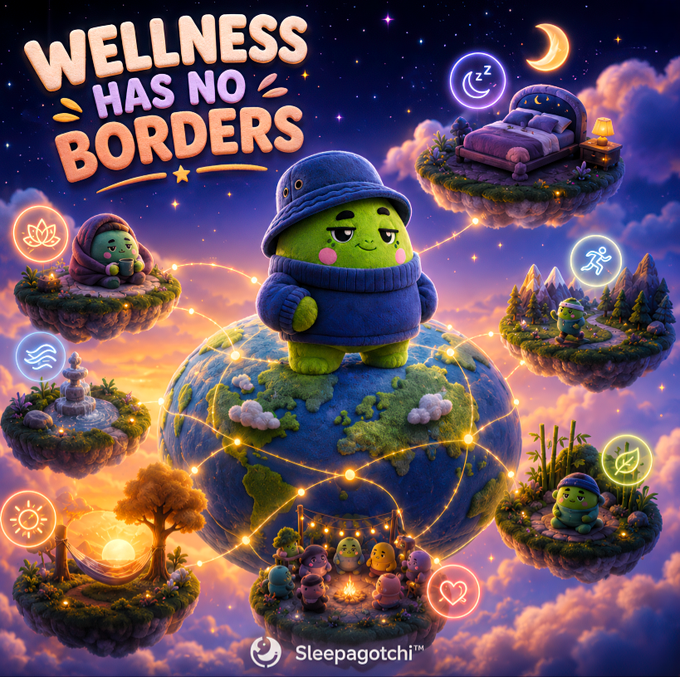 A whimsical illustration features a green Sleepagotchi character in a blue hoodie standing atop a globe surrounded by floating islands depicting various wellness activities (sleep, meditation, hiking, yoga, sunbathing, and heart health), with the text "WELLNESS HAS NO BORDERS" and "Sleepagotchi™" branding visible—visually reinforcing the message that wellness tools travel with users anywhere, from home to Web3.