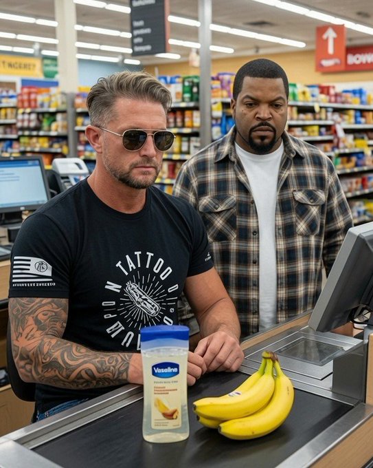 Two men stand at a checkout counter in a grocery store, with one wearing a black "TATTOO BOYZ" t-shirt and sunglasses and the other in a plaid shirt, alongside items being scanned—a jar of Vaseline and a bunch of bananas—symbolizing the humble, everyday hustle behind building the $TBB brand.