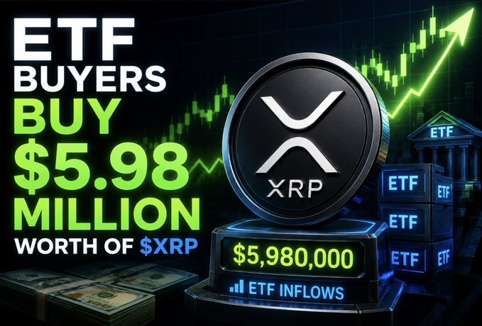 The image features a digital graphic promoting XRP ETF inflows, displaying a large XRP coin alongside a counter showing "$5,980,000 ETF INFLOWS," stacks of dollar bills, and an upward-trending green chart with a bull-themed temple labeled "ETF," visually reinforcing the post's claim that ETF buyers purchased $5.98 million worth of $XRP.