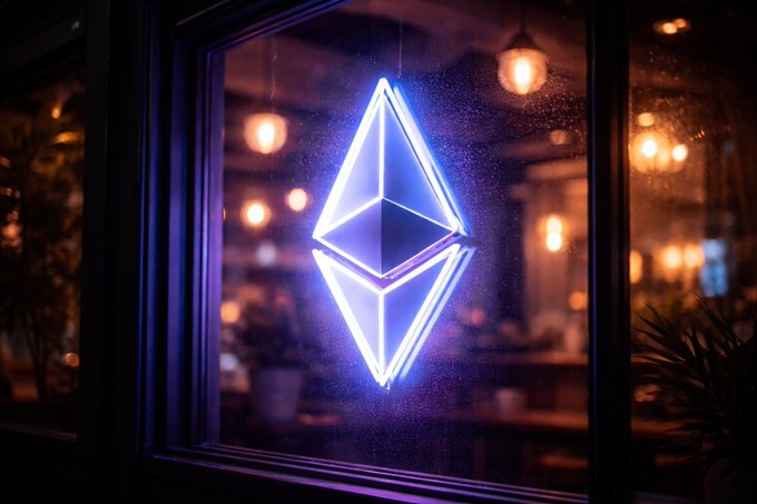 A glowing blue Ethereum logo neon sign is mounted in a window, with warm interior lights and plants visible in the background.