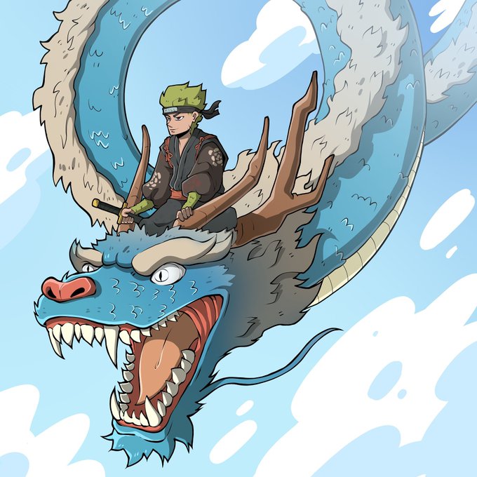 An anime-style illustration shows a green-haired ninja warrior riding on the back of a large, blue, fierce-looking Eastern dragon flying through a cloudy sky.