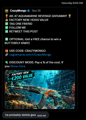 A Discord post from 'CrazyMongo' advertises an AK-47 Aquamarine Revenge Giveaway with a €200 value and an optional chance to win a butterfly knife.
