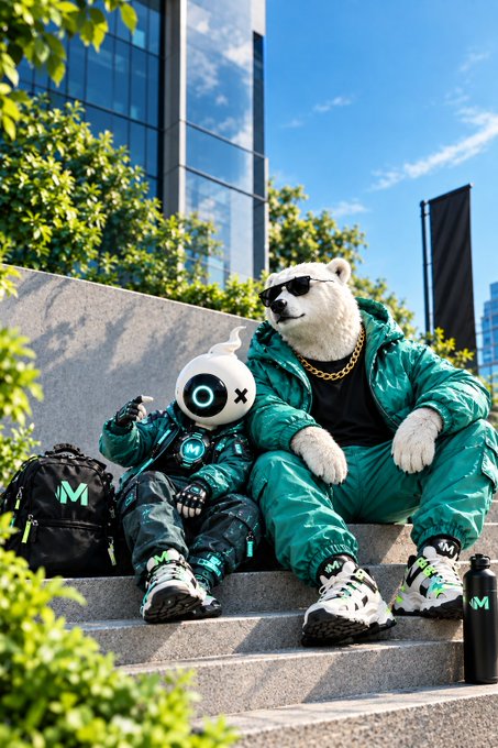 A white bear mascot and a small robotic figure in matching teal puffer jackets sit on outdoor steps beside black gear branded with the "M" logo, visually representing PlayOnMint's ($MNTD) branding as the post discusses the token's bullish Robinhood listing and migration to Robinhood Chain.