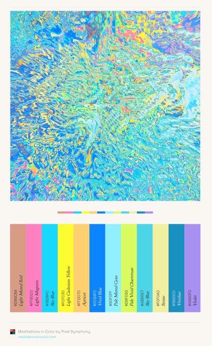 An abstract iridescent textured artwork by Pixel Symphony titled 'Meditations in Color,' displayed above a color palette featuring swatches labeled Light Autumn Red, Light Magenta, Sky Blue, Light Cashmere Yellow, Mint Grey, Pale Mint Green, Pale Vivd Chartreuse, Seafoam, Siroao, Indigo, and Mauve.