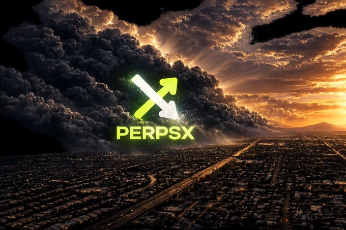 A dramatic landscape featuring a massive cloud formation over a sprawling city at sunset, overlaid with a green logo showing crossed arrows and the text 'PERPSX'.
