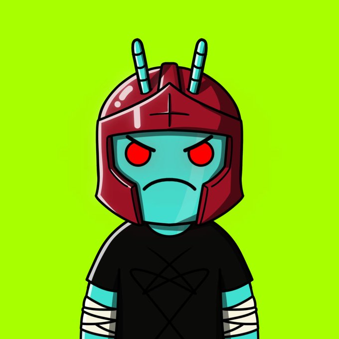 A cartoon-style character with teal skin, red glowing eyes, and a dark red helmet with two antennae, wearing a black shirt with a pentagram design on a green background.