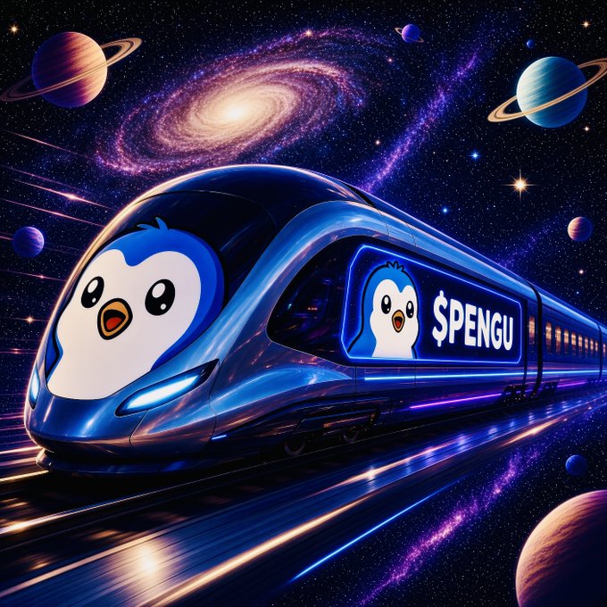 A vibrant digital artwork of a futuristic blue high-speed train labeled '$PENGU' with a penguin mascot, traveling through space with a swirling galaxy and colorful planets.