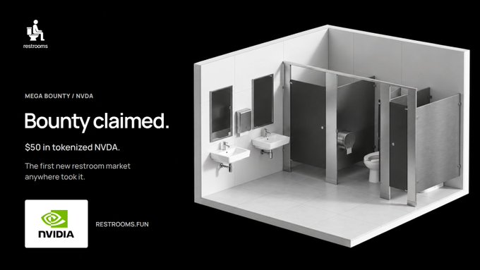 A digital graphic announces 'Bounty claimed' for 'MEGA BOUNTY / NVIDIA' from 'restrooms', featuring an NVIDIA logo and an illustration of a modern restroom.