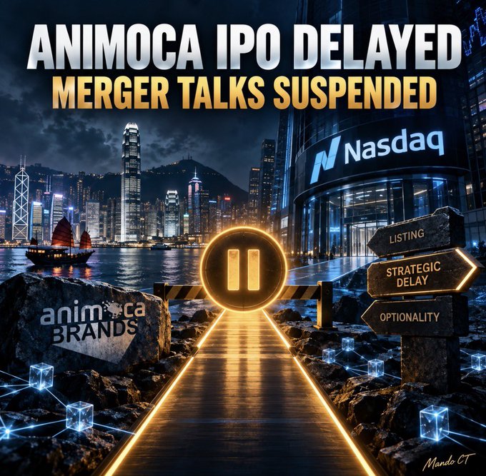 A neon pause icon sits between an Animoca Brands rock and a Nasdaq signpost reading "Listing/Strategic Delay/Optionality," visually echoing the headline "Animoca IPO Delayed — Merger Talks Suspended." The image frames the suspended Currenc Group reverse-merger talks as a strategic pause rather than a setback, reinforcing the post's view that Animoca is choosing optionality over forcing a misaligned Nasdaq listing.