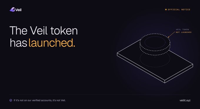 Promotional graphic for Veil announcing 'The Veil token has launched' with a geometric 3D design and the website veilit.xyz.