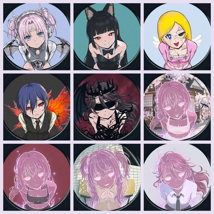 A 3x3 grid of nine circular anime-style character portraits, featuring various designs including girls with animal ears, wings, and different colored hair.