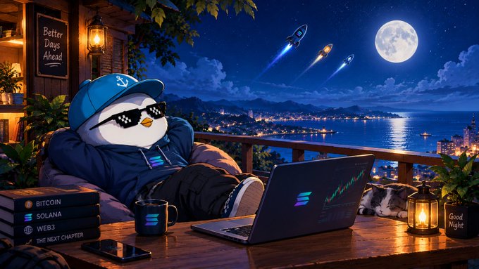 A digital illustration of a penguin in a cap and sunglasses lounging with a laptop at night, with rockets flying past the moon, and stacks of books labeled 'BITCOIN', 'SOLANA', 'WEB3', and 'THE NEXT CHAPTER'.
