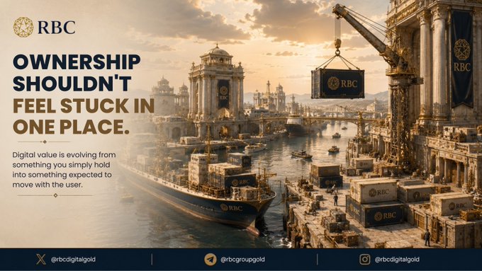 RBC promotional graphic reading "OWNERSHIP SHOULDN'T FEEL STUCK IN ONE PLACE" featuring historical/architectural imagery with crates and ships, referencing @rbcdigitalgold.
