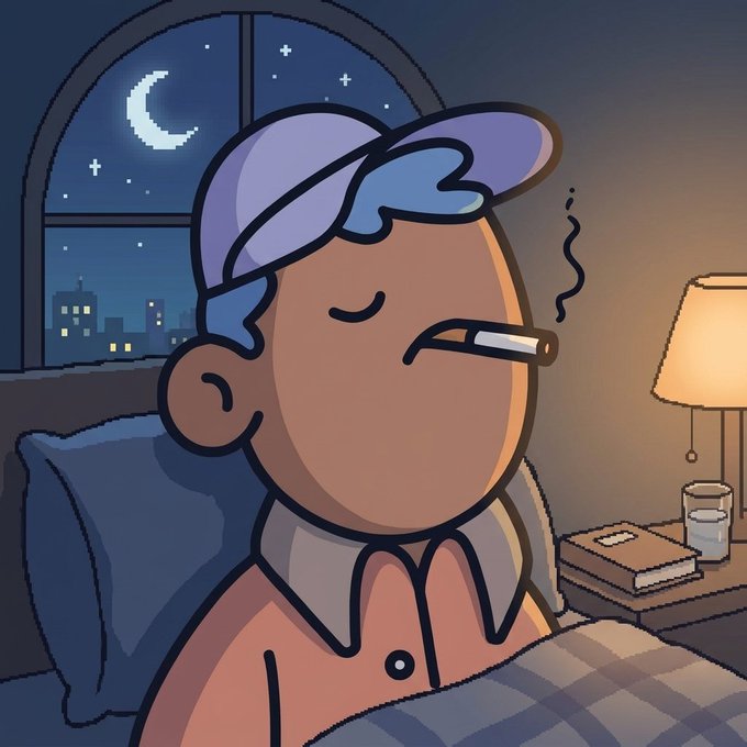 A cartoon-style illustration showing a person wearing a blue cap and pink shirt sleeping in bed with a lit cigarette dangling from their mouth, with a nightstand holding a book and water glass beside them.