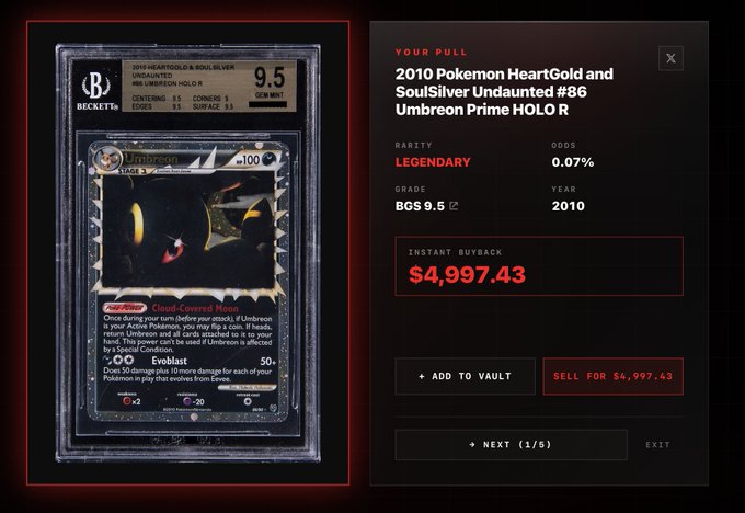 Beckett-graded 2010 Pokemon HeartGold & SoulSilver Umbreon Prime HOLO R card with BGS 9.5 grade, listed for sale at $4,997.43.