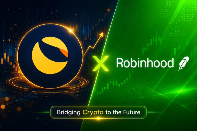 This image shows the Terra (LUNA) logo alongside the Robinhood logo, with the text "Bridging Crypto to the Future" at the bottom, suggesting a potential partnership or listing that could impact LUNC's future.
