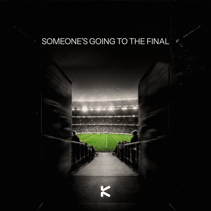 A dramatic black-and-white image shows a view through dark tunnel doors opening onto a brightly lit soccer stadium, with the text 'SOMEONE'S GOING TO THE FINAL' and an 'X' logo.