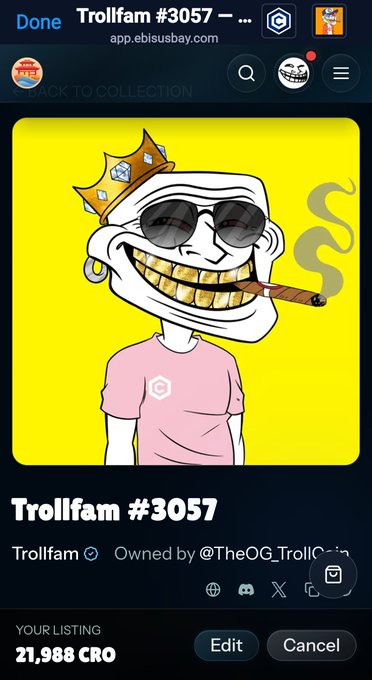 An NFT listing screen shows 'Trollfam #3057' featuring a cartoon troll with a gold crown and grills, owned by '@TheOG_TrollCoin' and listed at '21,988 CRO'.