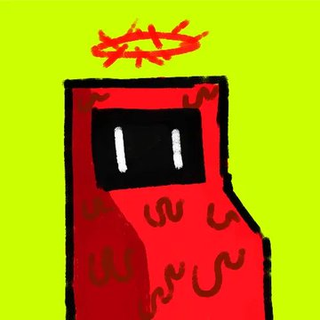 A crude red cartoon figure with a halo floats against a green background, its body covered in squiggly "S" markings reminiscent of the Pepe the Frog meme, which crypto traders use to speculate on price dips—pairing with the post's joke about an inevitable 0.1 ETH price target.