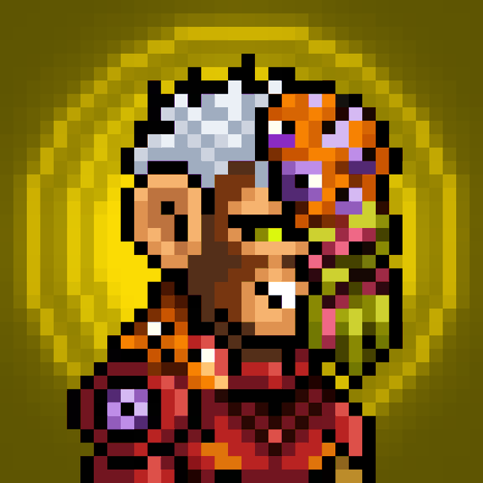 A pixel art illustration of a character with blue hair and colorful elements on the right side, set against a yellow glowing background.