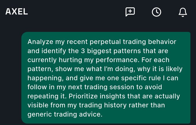 A screenshot from the AXEL app displaying a prompt asking to analyze recent perpetual trading behavior and identify the 3 biggest patterns hurting performance.