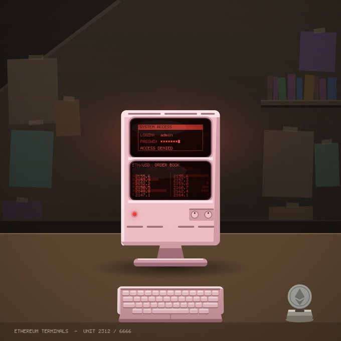 A retro-styled pixel art scene shows a pink computer terminal displaying 'SYSTEM ACCESS' and 'LOGIN: admin', with an Ethereum-themed object on the desk and text reading 'ETHEREUMER TERNIMALS - UNIT 2312 / 6666'.