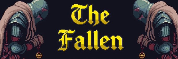 A promotional banner for "The Fallen" NFT collection features the project's title in gothic gold lettering, flanked by pixel-art figures of dark, hooded knights in red robes, aligning with the post's praise of the project's distinctive dark, mysterious aesthetic.