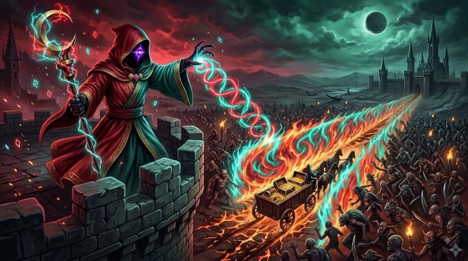 A dramatic digital fantasy illustration depicts a hooded mage in red and green robes standing atop a stone castle wall, wielding a glowing staff and casting swirling red and cyan magic at an invading army.