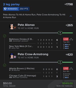A sports betting app screen showing a '2 leg parlay' wager for $50.00 with 250 PTS rewards, featuring legs on Pete Alonso (+265) and Pete Crow-Armstrong (+420) both to hit a home run, with a potential payout of $949.53.