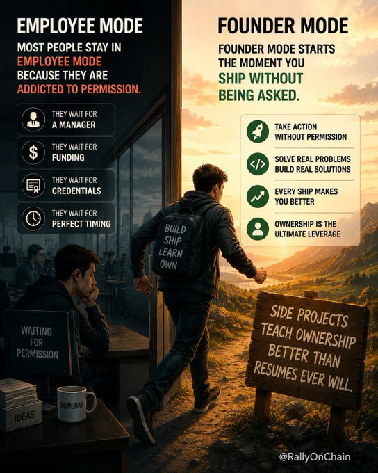 A split-scene motivational graphic contrasts "Employee Mode" (depicting a man waiting at a desk labeled "Waiting for Permission" amid dark office surroundings) with "Founder Mode" (showing the same figure stepping into a sunlit mountain landscape wearing a jacket that reads "Build Ship Learn Own"). The image visually reinforces the post's message by showing the transition from passively seeking approval to boldly taking ownership, with key text including the modes' definitions, bullet points listing what people wait for versus what founders do, and the sign declaring "Side Projects Teach Ownership Better Than Resumes Ever Will," credited to @RallyOnChain.