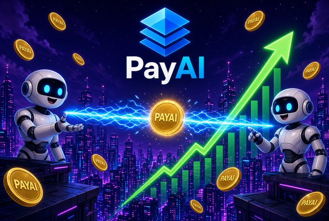 A promotional graphic for 'PayAI' featuring a rising green arrow over a futuristic cityscape, flanked by two robots and gold 'PAYAI' coins.
