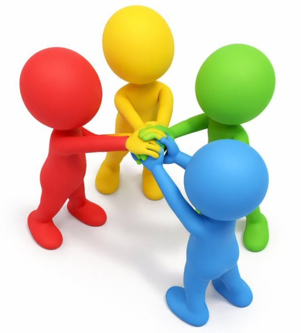 Four brightly colored 3D figures—red, yellow, green, and blue—stand in a circle with their hands joined together in the center, symbolizing teamwork or unity.