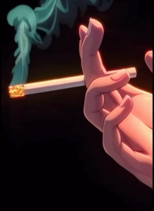 A stylized 3D illustration of a hand casually holding a lit cigarette with curling blue smoke against a black background, fitting the "Gn degens" (goodnight degenerates) post as a moody, late-night sign-off vibe.