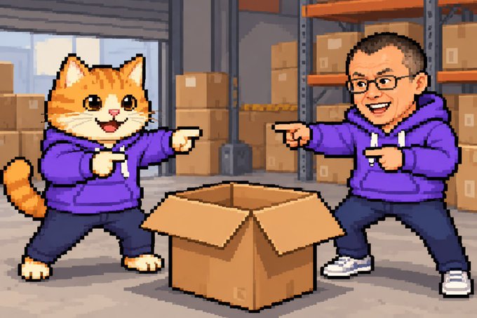 A pixel art illustration shows a cartoon cat and a smiling man with glasses, both wearing matching purple hoodies, pointing at an open cardboard box in a warehouse setting.