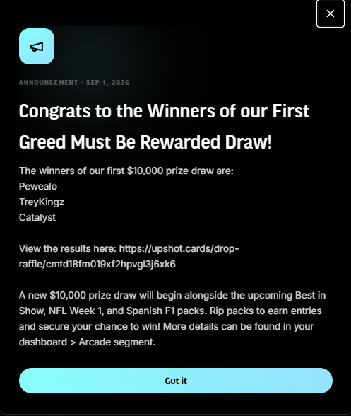 The image displays an announcement from September 1, 2026 congratulating the winners of a $10,000 "Greed Must Be Rewarded" prize draw, listing winners Pewealo, TreyKingz, and Catalyst, with a link to view results on Upshot. The accompanying post celebrates the winners by tagging @pewealo, @JGONYC, and @TheCatalystOG, aligning with the announcement's recognition of pack-ripping participants.