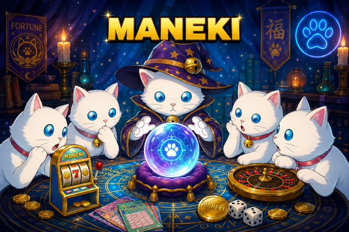 Promotional artwork for 'MANEKI' featuring a central cat wearing a wizard hat and holding a glowing crystal ball, surrounded by four white kittens and various gambling items like dice, a slot machine, and a roulette wheel.