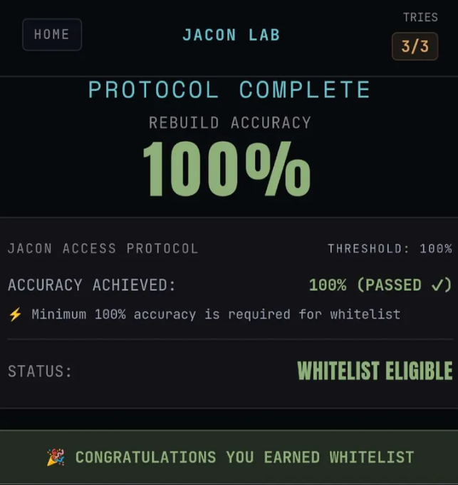 A 'JACON LAB' game screen showing 'PROTOCOL COMPLETE' with 100% rebuild accuracy and 'WHITELIST ELIGIBLE' status achieved.