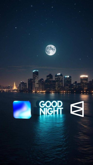 The image features a city skyline at night with a full moon above the water, creating a beautiful nighttime scene. The sky is dark blue, providing a contrast to the illuminated buildings below. In the foreground of the photo, there are three neon signs that read "Good Night", "Good Morning", and "I'm tired". These signs add a unique touch to the overall composition of the image.