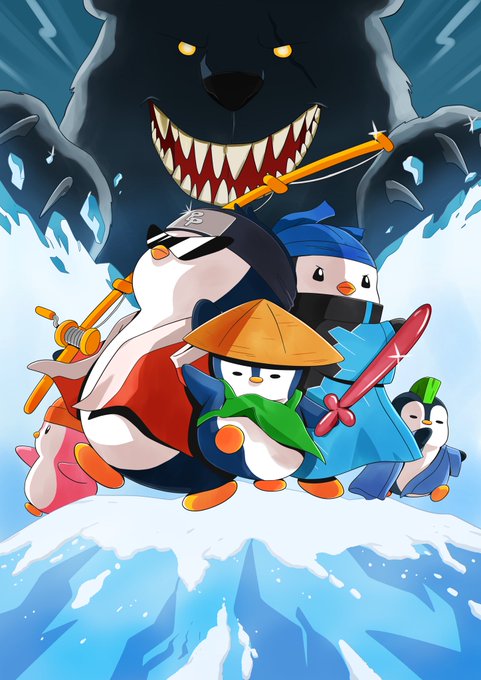 A cartoon illustration of penguins dressed as ninjas and samurai wielding swords and katanas, standing together on an ice floe with a menacing bear shadow looming behind them.