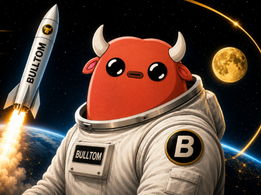 A digital illustration of a red bull-like character wearing a white spacesuit with 'BULLTOM' and a 'B' logo patch, set against a space backdrop with a rocket ship labeled 'BULLTOM' and the moon visible.