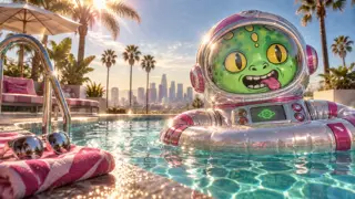 A 3D-rendered scene of an inflatable zombie character floating in a swimming pool, with a city skyline, palm trees, and pool lounge chairs visible in the background.