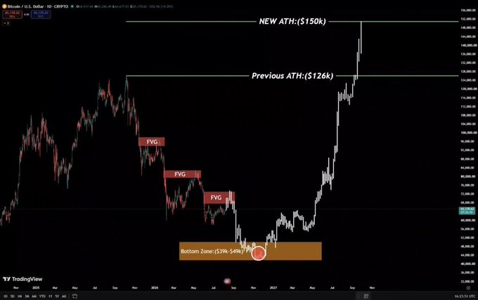 A Bitcoin/USD daily chart on TradingView marks 'NEW ATH: ($150k)' and 'Previous ATH: ($126k)' with 'FYG' (Free Your Gains) indicators and a 'Bottom Zone' of -$9k-$49k.