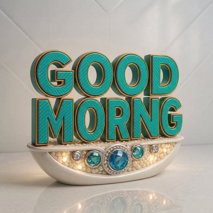The image features a white ceramic object that reads "Good Morning" in large, bold letters. The object has a unique design with blue accents and is placed on a table or countertop. The background of the image shows a white wall, which complements the overall aesthetic of the piece. The text "Good Morning" is clearly visible against this backdrop, making it easy to read and understand.