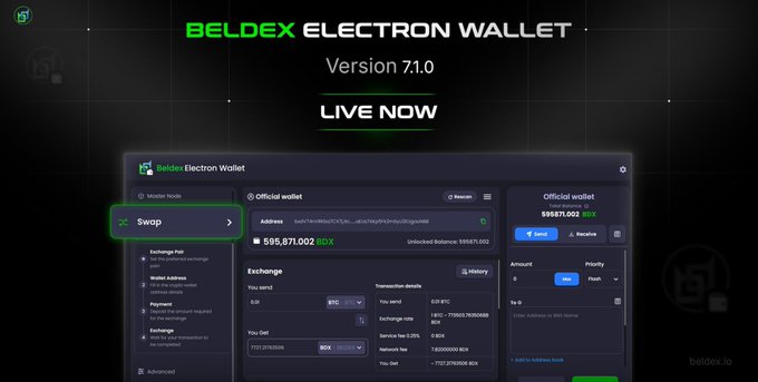 A promotional graphic for 'BELDEX ELECTRON WALLET Version 7.1.0 LIVE NOW' displaying a wallet interface with a balance of 595,871.002 BDX and a Swap feature highlighted.